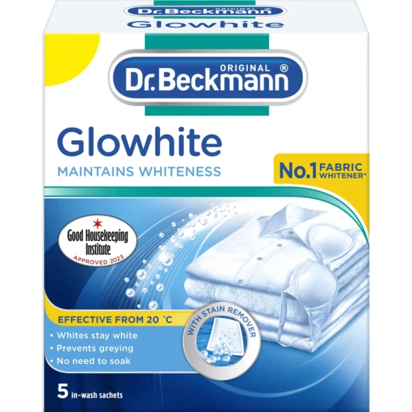 Dr. Beckmann Glowwhite fabric whitener box with logo and 'Maintains whiteness' text, yellow 'No.1 Fabric Whitener' badge, and a laundry image in blue tones.