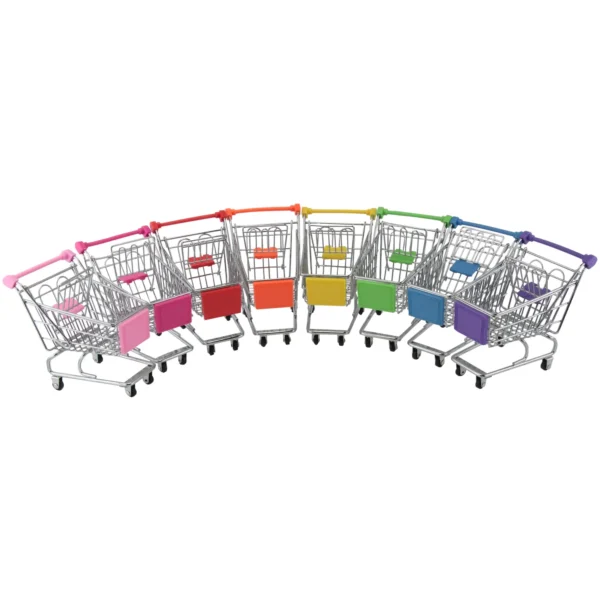 Row of metal toy shopping carts with rainbow-colored panels arranged in a curved arc on a white background.