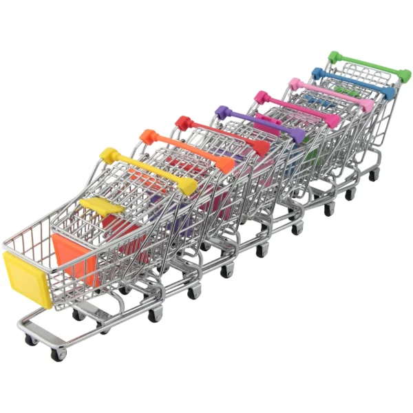 APO0092_1 Row of empty metal shopping carts with colorful handles lined up diagonally, overlapping like a stack of carts