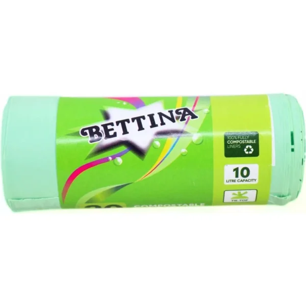 Roll of Bettina green trash bags with 10 L capacity and compostable liners.