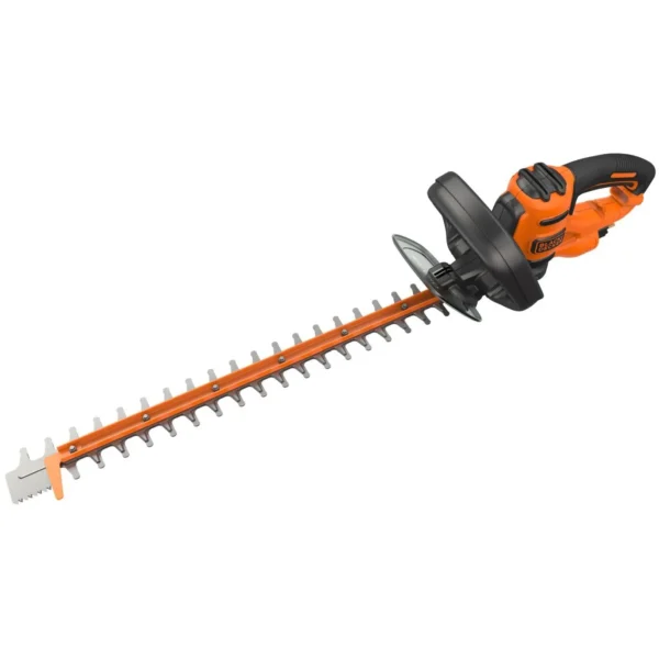 Cordless hedge trimmer with an orange body and a long toothed blade extending to the left.
