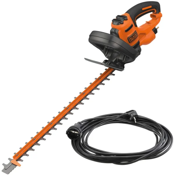 Orange and black electric hedge trimmer with a long, toothed blade and attached power cord.