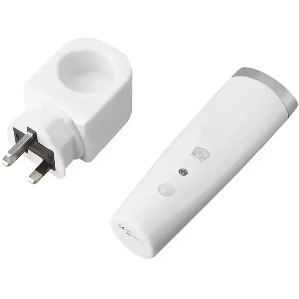 White wall plug adapter with two flat prongs beside a white cylindrical handheld device.