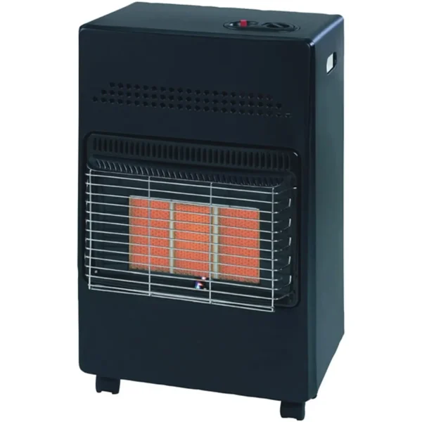 Tall black portable space heater with a front protective grate over glowing orange heating elements and small feet.