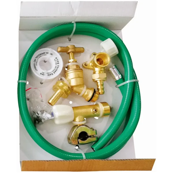 Brass gas valve and fittings with a green hose in a cardboard box.