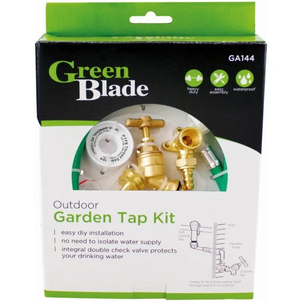 Box packaging for Green Blade Outdoor Garden Tap Kit with brass fittings visible inside