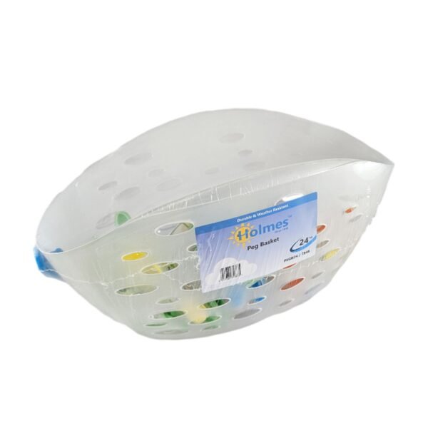 White plastic laundry basket with round holes and a blue label on the side