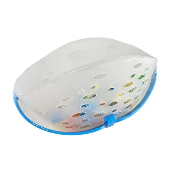 White plastic circular laundry basket/colander with blue rim and multicolored fabric visible through perforations