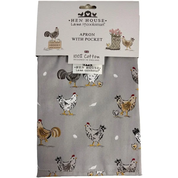 Grey apron with a playful chicken pattern in black, white, and yellow on a light-grey background, shown with Hen House packaging.
