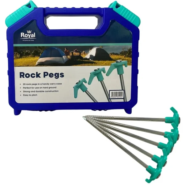 Blue carry case labeled Rock Pegs with turquoise tent pegs and metal stakes extending from the right, for camping.