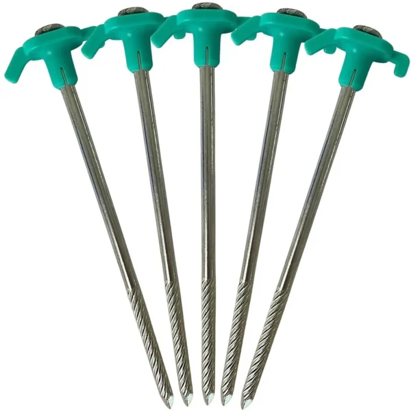 Six metal twist drill bits with teal plastic tops fanned in a semicircle for scale and organization.