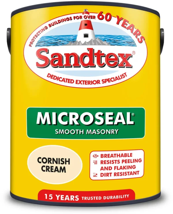 Sandtex Microseal exterior masonry paint can with yellow label and green product name panel, indicating durable breathable coating.