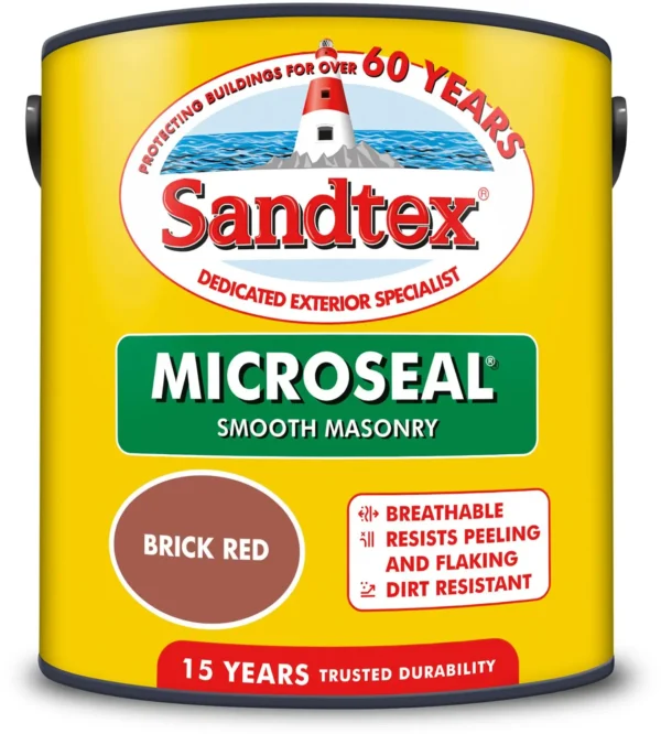 Sandtex Microseal brick-red exterior masonry paint can label with 15 years durability badge.