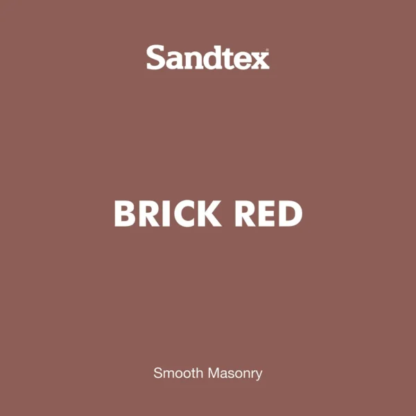 Promotional color swatch: Sandtex brick red with large 'BRICK RED' text and 'Smooth Masonry' at the bottom.