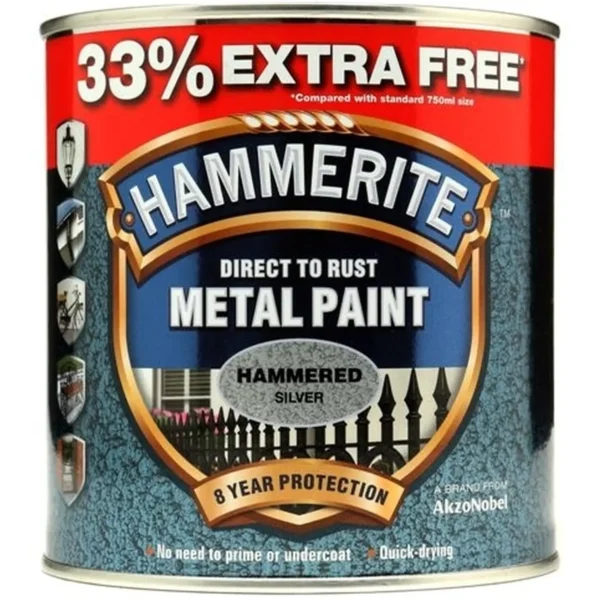 Hammerite Direct to Rust Metal Paint Hammered Silver 1Ltr