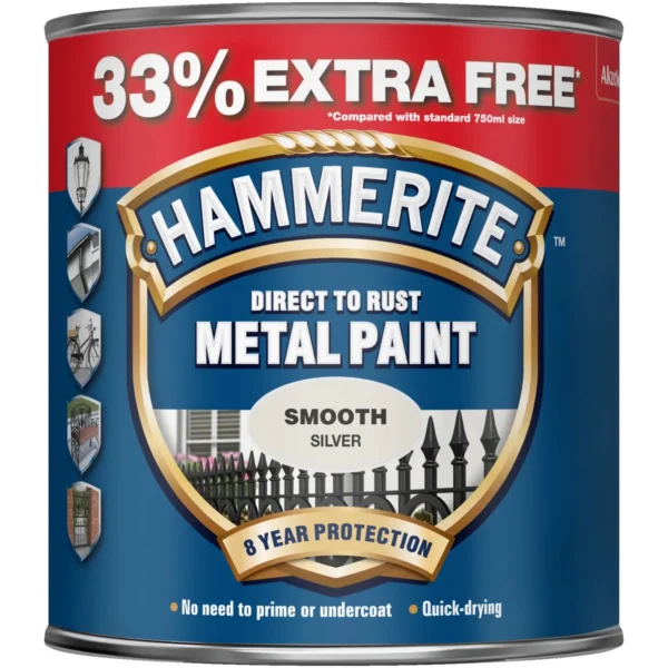 Hammerite Direct to Rust Metal Paint Smooth Silver 1Ltr