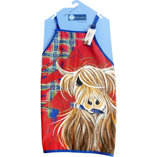Bright red children's dress with a bold abstract pattern and a large illustrated dog on the front, blue trim.