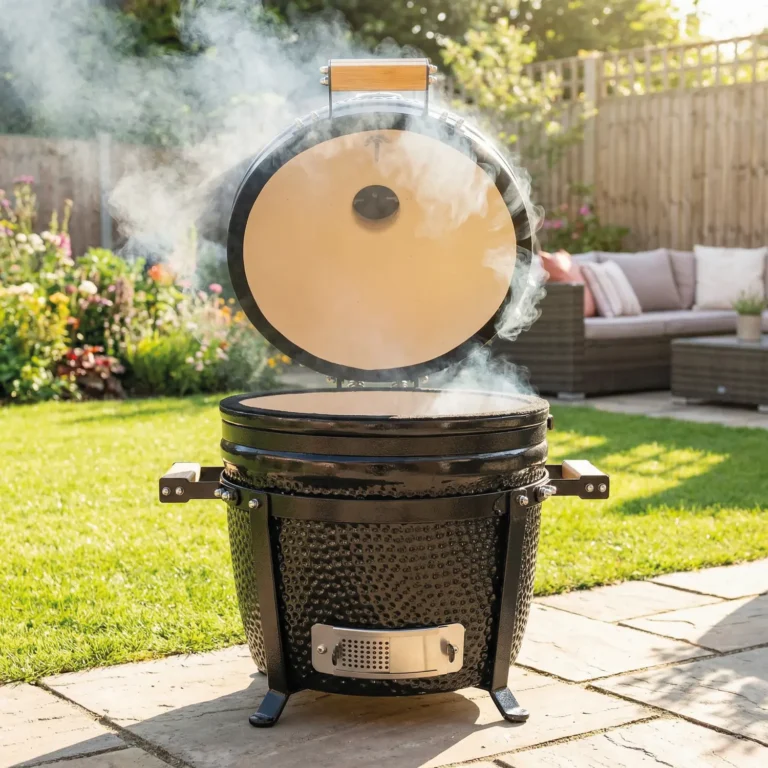 Kamado-style charcoal grill with the lid open and smoke rising in a sunny backyard patio.