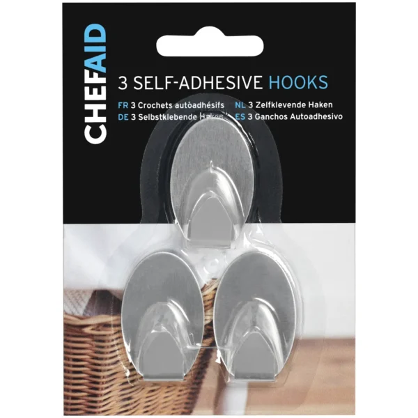 Chef Aid Small Stainless Steel Self Stick Oval Hooks 3 Pack