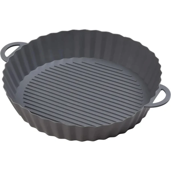 Round gray grill pan with ridged cooking surface and two side handles on opposite sides.