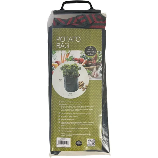 GLD0065 Potato bag product by Worth Gardening with a dark bag and red-green striped handles, shown in packaging.