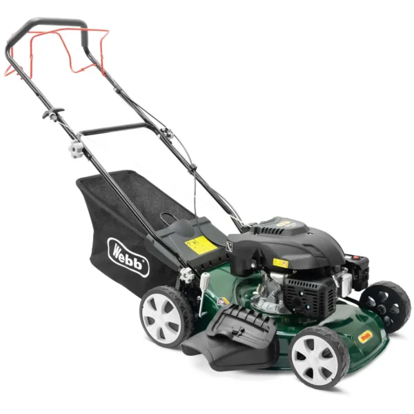 HDY0082 Gas-powered lawn mower with a black grass collection bag labeled 'Webb' and a green body, viewed at an angle.