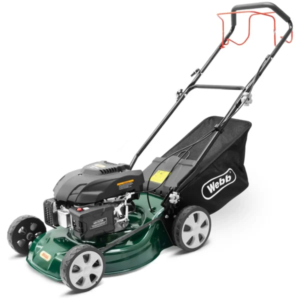 Gas-powered lawn mower with a black Weber grass catcher bag attached