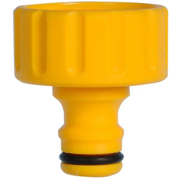 HOS0011 Close-up of a yellow plastic hose connector with a rubber gasket (O-ring).