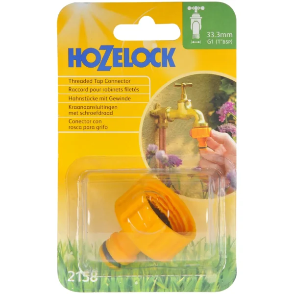 Hozelock threaded tap connector packaging showing an orange faucet connector being attached to a brass outdoor tap in a garden scene