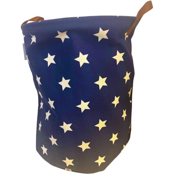Blue fabric tote/pouch with white star pattern and brown handles, product photo.