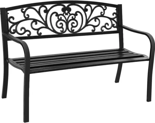 Black ornate metal garden bench with decorative backrest and slatted seat, suitable for outdoor use