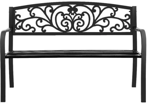 Black metal garden bench with an ornate scrollwork backrest and curved armrests