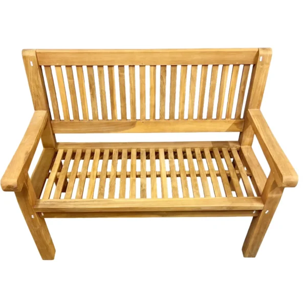 Front view of a wooden slatted garden bench with armrests and a backrest.