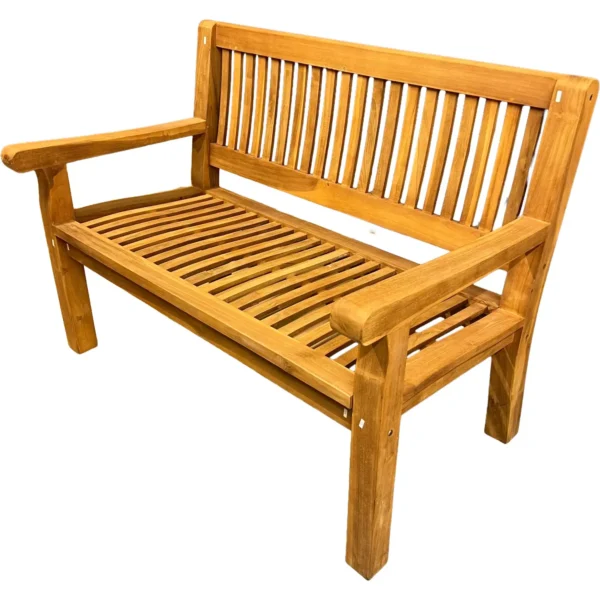 Wooden outdoor bench with a slatted seat and backrest, wide rounded armrests, and four sturdy legs.