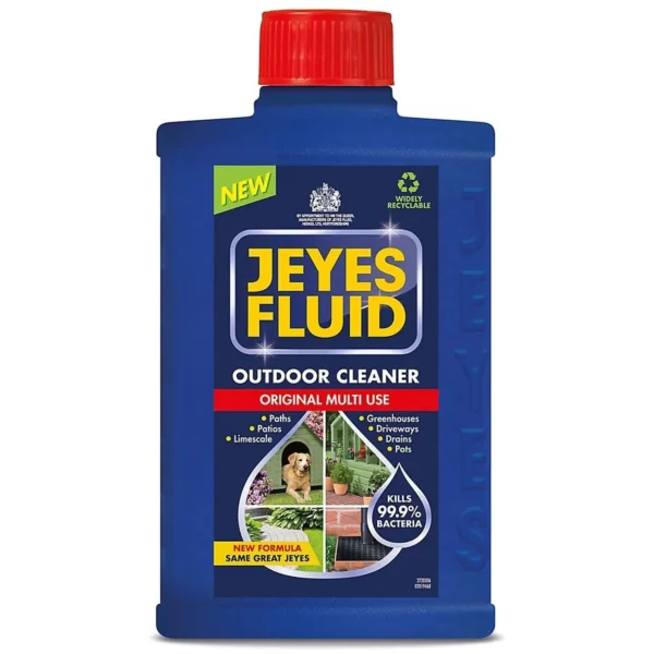 Blue Jeyes Fluid outdoor cleaner bottle with red cap, used for patios, driveways and gardens; front label shows product name and用途es (outdoor cleaner).