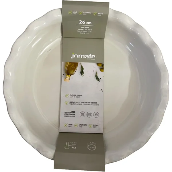 JMF0019 White ceramic pie dish with a central gray label band showing brand 'jonafe' and 26 cm diameter, arranged upright on white background.