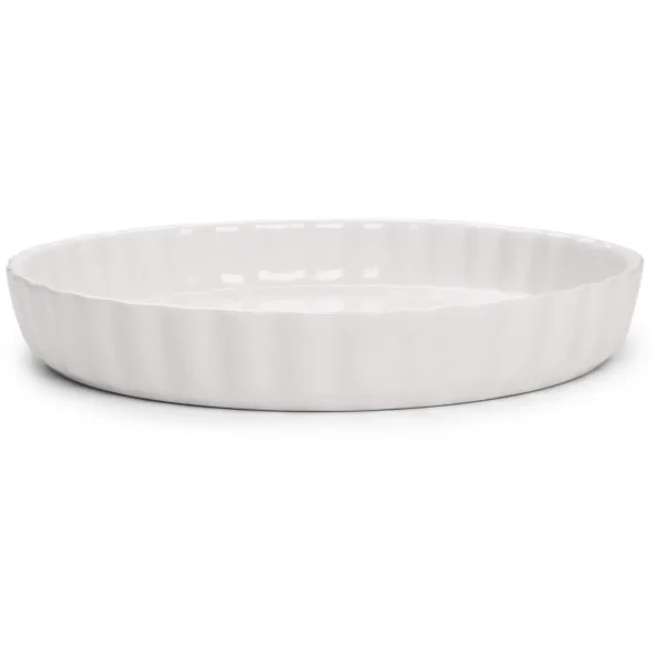 JMF0097 White oval ceramic baking dish with fluted sides on a white background.