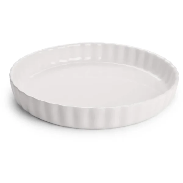 White fluted ceramic pie dish with shallow sides, empty and ready for baking (top-down view)