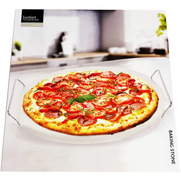 Pepperoni pizza on a white plate resting on a baking stone in a bright kitchen.