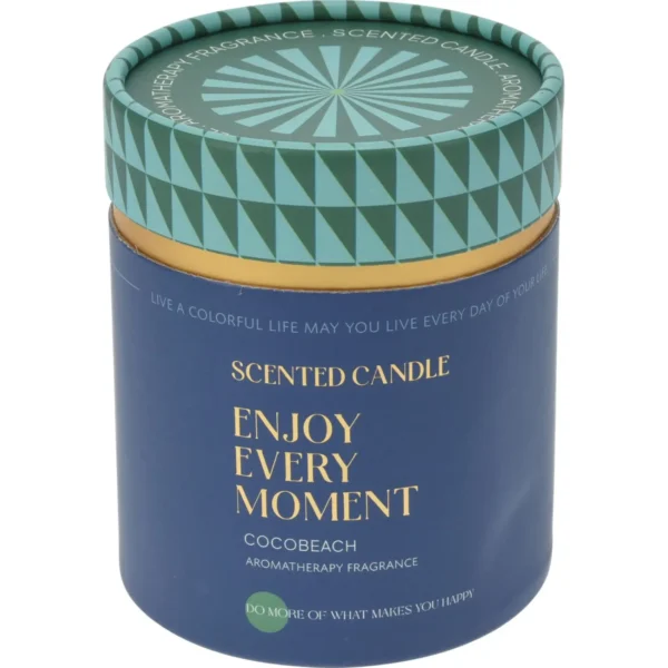 Blue scented candle tin with teal patterned lid and gold text: 'ENJOY EVERY MOMENT' (CocoBeach aromatherapy fragrance)