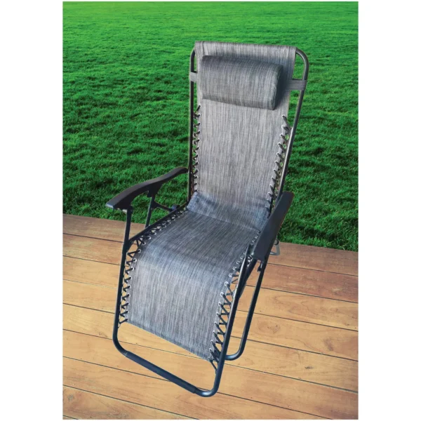 Zero gravity relaxer chair grey showing reclined position and breathable Textilene mesh fabric