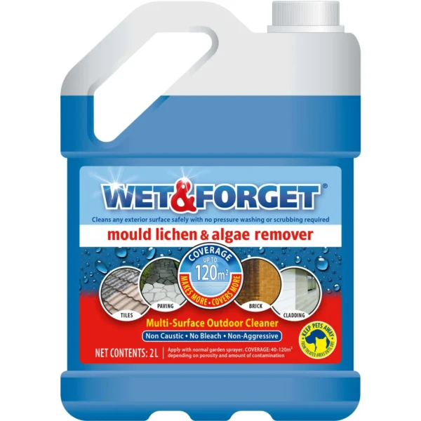 Blue plastic bottle of Wet & Forget mould, lichen and algae remover with a blue label and circular icons on the front. The product is a multi-surface outdoor cleaner (2 L).