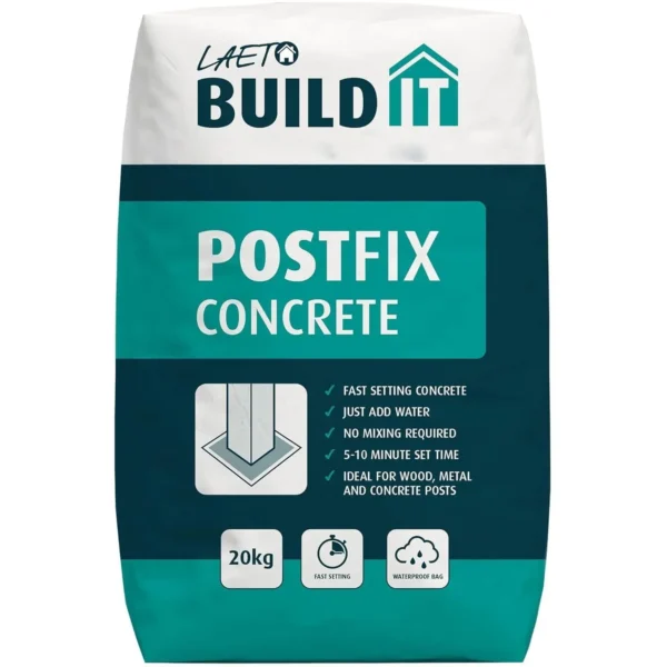 Bag of Postfix Concrete mix with teal label and '20kg' on packaging, used for fast-setting concrete posts and waterproof bags.