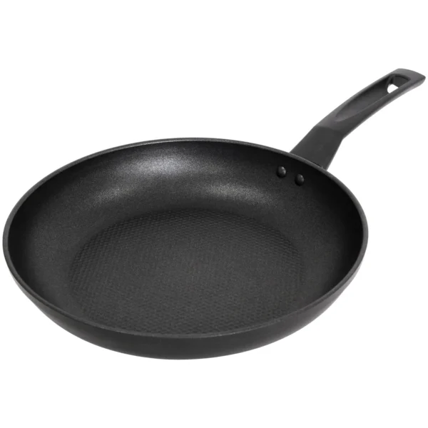 Black nonstick frying pan with a textured interior and long handle