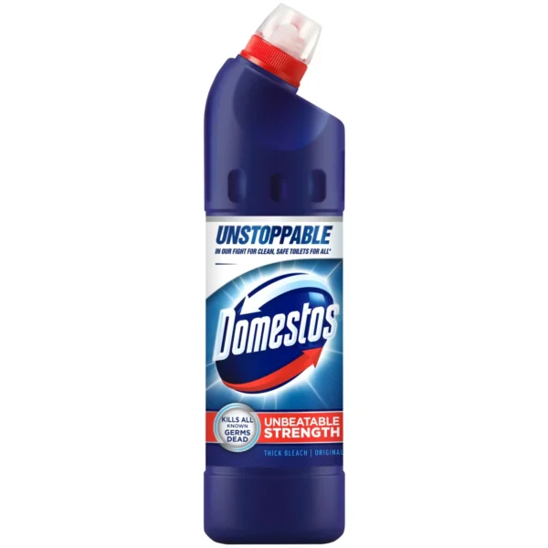 Domestos toilet cleaner bottle with a blue body and red cap on a white background, label visible