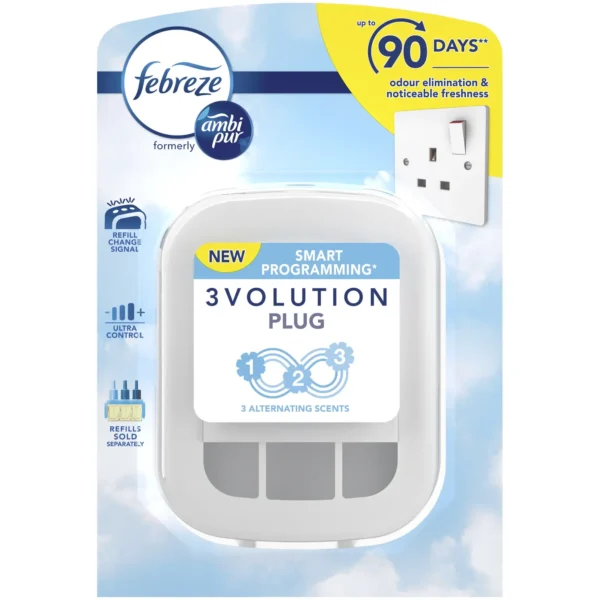 Plug-in air freshener package: Febreze 3Evolution Plug with 3 alternating scents and SMART PROGRAMMING.