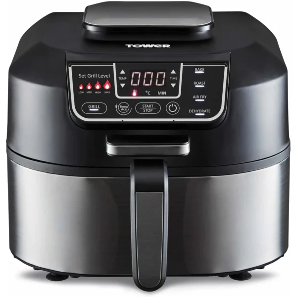 RKW0045 Digital air fryer with stainless body and black control panel, front handle visible under the display
