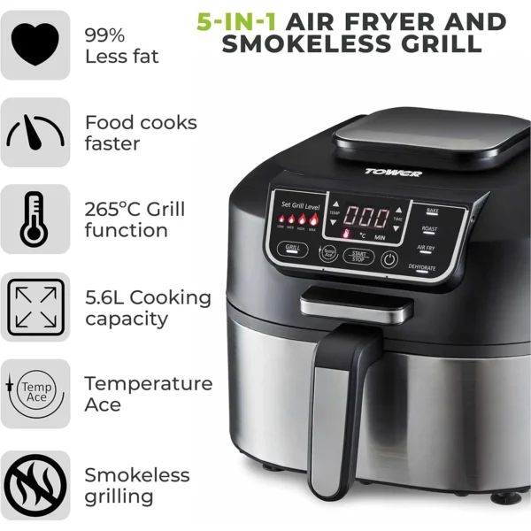Infographic of a 5-in-1 air fryer and smokeless grill with bullet icons: 99% less fat, faster cooking, 265°C grill function, 5.6L capacity.