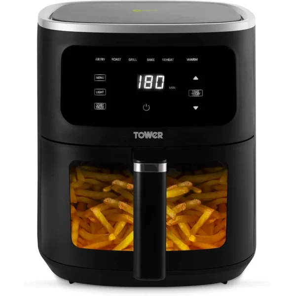 RKW0046 Tower brand black air fryer with a digital control panel; the fryer basket is filled with golden French fries visible through the front window.
