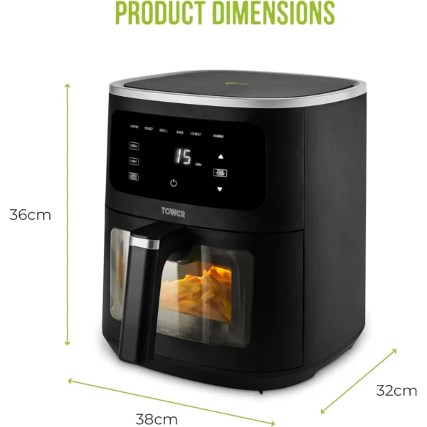 Front view of a black air fryer with measurement arrows showing dimensions: height 36 cm, width 38 cm, depth 32 cm.